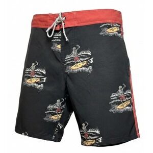 LOST Boardshorts Skeleton Surfer Print Black Red Tie Surf Skate Thrashed AS-IS